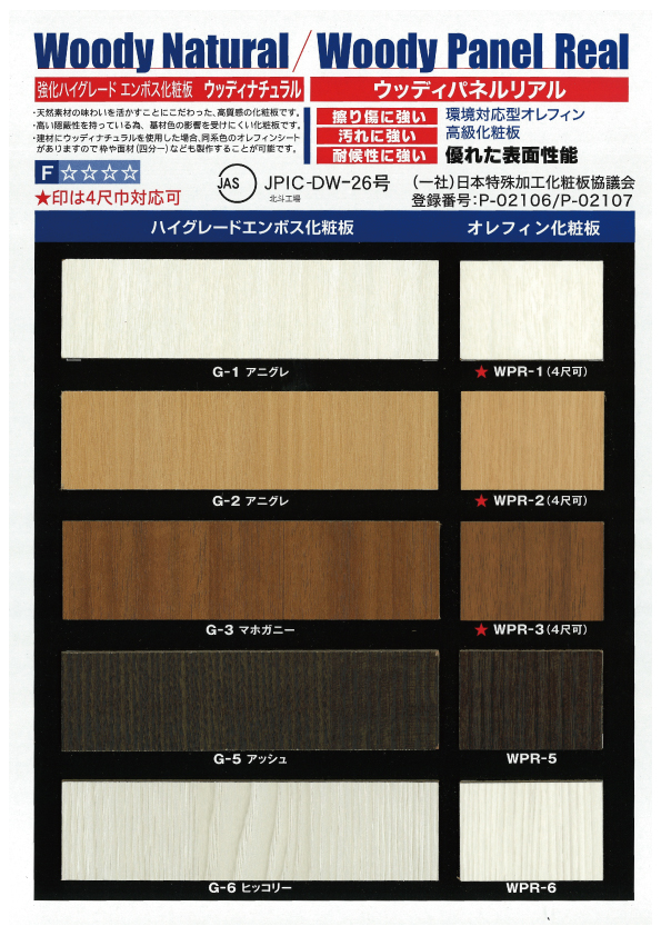 ウッディパネル　（強化エンボス化粧板）／ウッディパネルリアル　（オレフィン・エンビ化粧板）